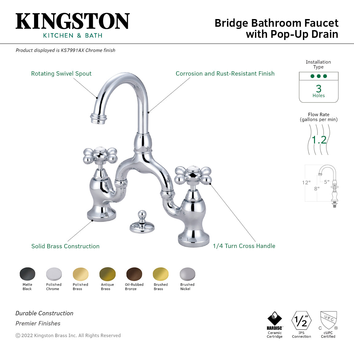 Kingston Heirloom KS7997AX - English Country Two-Handle 3-Hole Deck Mount Bridge Bathroom Faucet with Brass Pop-Up, Brushed Brass — thumbnail 2